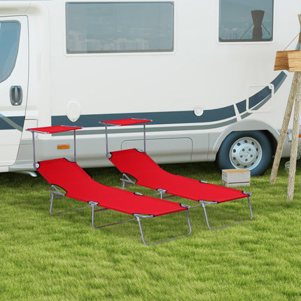 2 Piece Folding Reclining Sun Lounger with Adjustable Shade Awning for Beach Patio - Red Silver