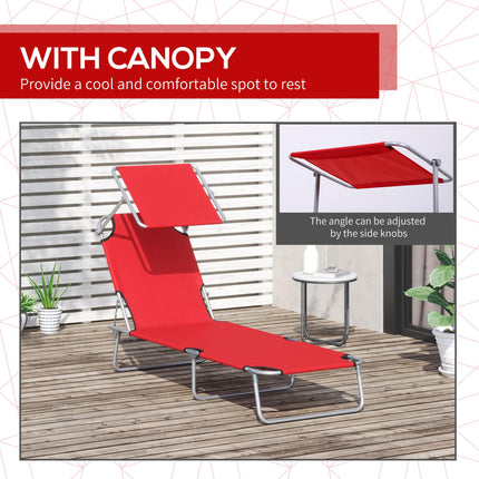 2 Piece Folding Reclining Sun Lounger with Adjustable Shade Awning for Beach Patio - Red Silver