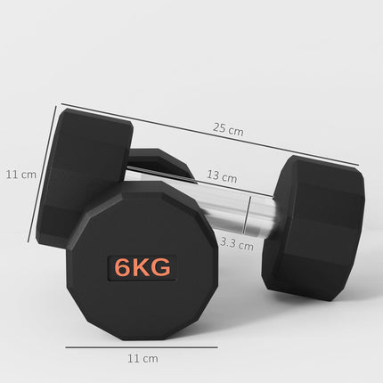 2 Piece 6kg Dumbbell Set with Non-Slip Grip and Rubber Coating - Black and Orange