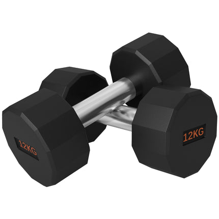 Set of 2 Rubber Coated 12kg Dumbbells with Non-Slip Grip - Black