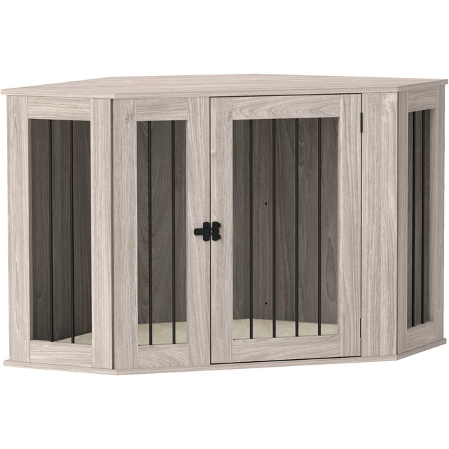 2 in 1 Dog Crate Furniture Side Table with Cushion 122x61x71cm - Walnut Brown