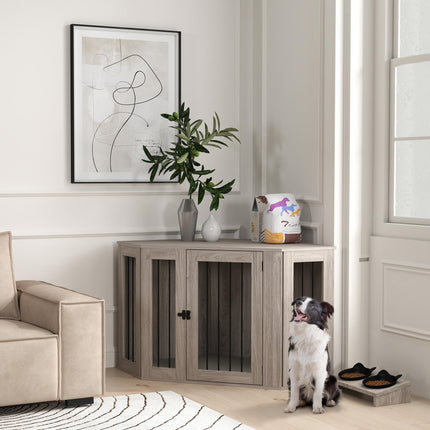 2 in 1 Dog Crate Furniture Side Table with Cushion 122x61x71cm - Walnut Brown