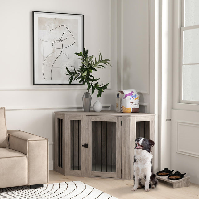2 in 1 Dog Crate Furniture Side Table with Cushion 122x61x71cm - Walnut Brown