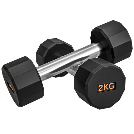Set of 2 Dumbbells 2kg with Non-Slip Grip and 12-Sided Design - Black and Orange