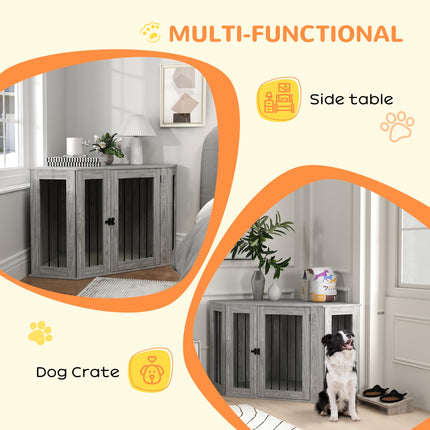 2 in 1 Medium Dog Crate Furniture Side Table with Cushion 122x61x71cm - Grey