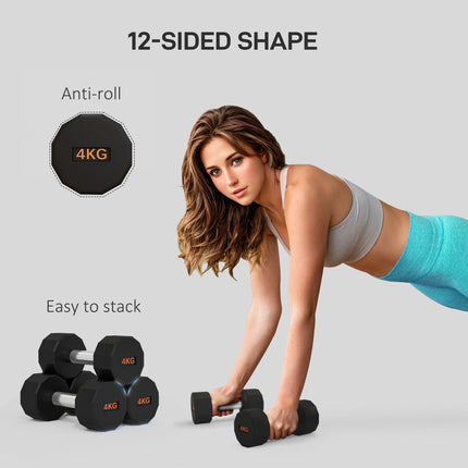Set of 2 Dumbbells 4kg with Non-Slip Grip and Rubber Coating - Black and Orange