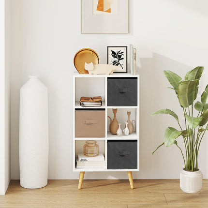 Freestanding 6 Cube Cabinet with 3 Fabric Drawers and Handles for Home Office Storage - White