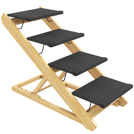 Adjustable 4-Step Foldable Dog Steps and Ramp for Large Dogs - Natural Wood Finish