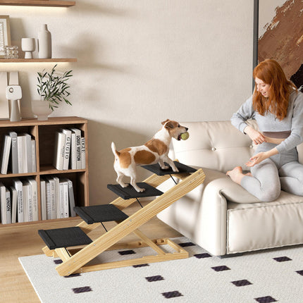 Adjustable 4-Step Foldable Dog Steps and Ramp for Large Dogs - Natural Wood Finish
