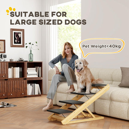 Adjustable 4-Step Foldable Dog Steps and Ramp for Large Dogs - Natural Wood Finish