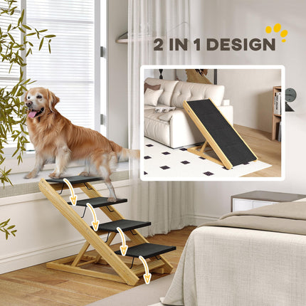 Adjustable 4-Step Foldable Dog Steps and Ramp for Large Dogs - Natural Wood Finish
