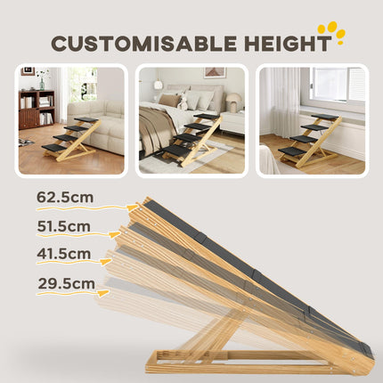 Adjustable 4-Step Foldable Dog Steps and Ramp for Large Dogs - Natural Wood Finish