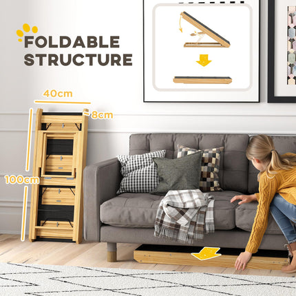 Adjustable 4-Step Foldable Dog Steps and Ramp for Large Dogs - Natural Wood Finish