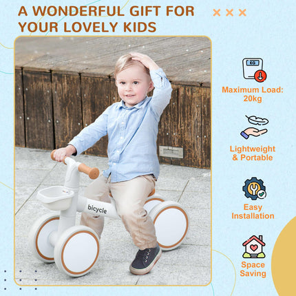 Kids Balance Bike with Adjustable Seat for 1-3 Years Old - White