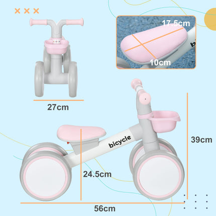Kids Balance Bike with Adjustable Seat and Silent Wheels for 1-3 Years - Pink