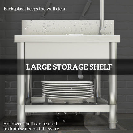 Outdoor Utility Sink, Stainless Steel Free Standing Single Bowl Kitchen Sink with Cold and Hot Water Pipe and Storage Shelf for Laundry Garage, 55 x 50 x 100 cm