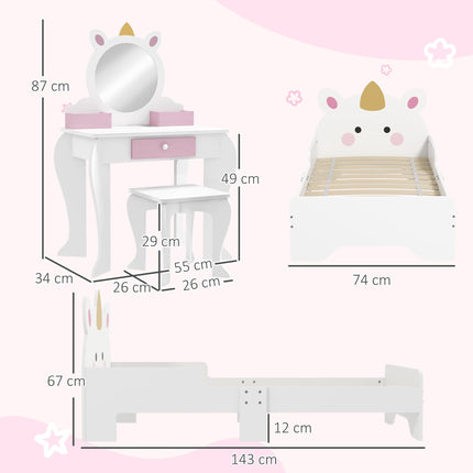 3 Piece Kids Bedroom Furniture Set with Unicorn Design - Pink