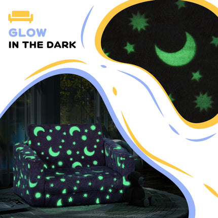 2 in 1 Kids Folding Armchair Bed with Glow in the Dark Cosmic Design - Blue