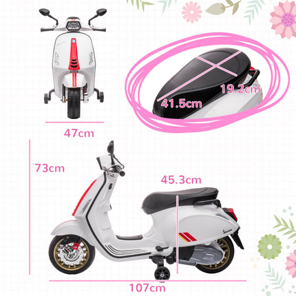 12V Vespa Licensed Kids Electric Motorbike with Music, Headlights & FM Radio for Ages 3-6 - White