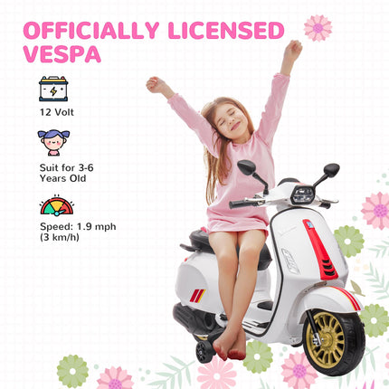 12V Vespa Licensed Kids Electric Motorbike with Music, Headlights & FM Radio for Ages 3-6 - White