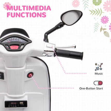12V Vespa Licensed Kids Electric Motorbike with Music, Headlights & FM Radio for Ages 3-6 - White