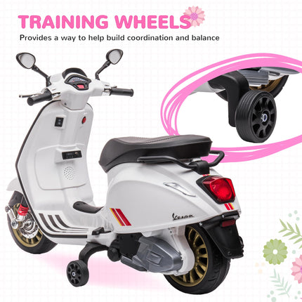 12V Vespa Licensed Kids Electric Motorbike with Music, Headlights & FM Radio for Ages 3-6 - White