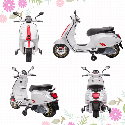 12V Vespa Licensed Kids Electric Motorbike with Music, Headlights & FM Radio for Ages 3-6 - White