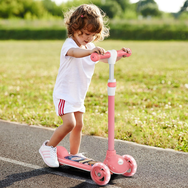 Kids 3 Wheel Adjustable Height Scooter with LED Lights and TPE Handlebar for Ages 2-6 - Pink