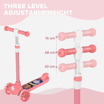 Kids 3 Wheel Adjustable Height Scooter with LED Lights and TPE Handlebar for Ages 2-6 - Pink