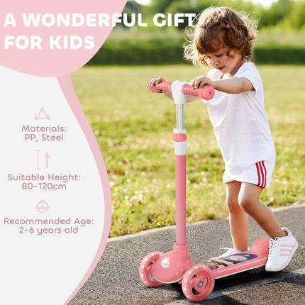 Kids 3 Wheel Adjustable Height Scooter with LED Lights and TPE Handlebar for Ages 2-6 - Pink