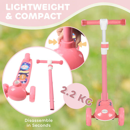 Kids 3 Wheel Adjustable Height Scooter with LED Lights and TPE Handlebar for Ages 2-6 - Pink