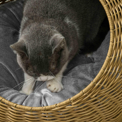 Wicker Cat House with Washable Cushion for Indoor Cats, Light Brown