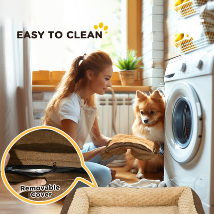 Calming Medium Dog Bed with Removable Cover and Anti-Slip Bottom, 90x69x21cm - Brown