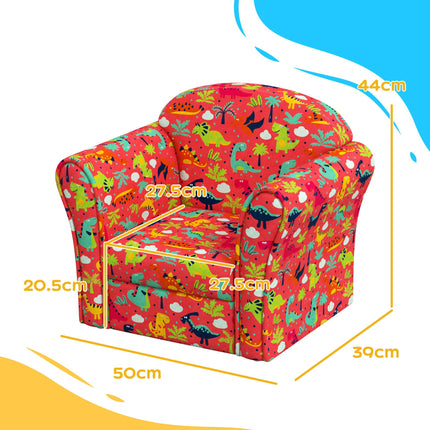 Kids Dinosaur Armchair with Wooden Frame for Toddlers 18-36 Months - Red