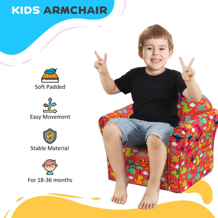 Kids Dinosaur Armchair with Wooden Frame for Toddlers 18-36 Months - Red
