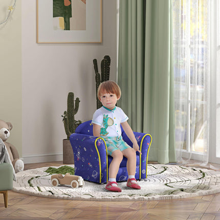 Kids Armchair with Wooden Frame and Planet Dinosaur Design - Blue