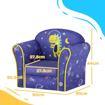 Kids Armchair with Wooden Frame and Planet Dinosaur Design - Blue