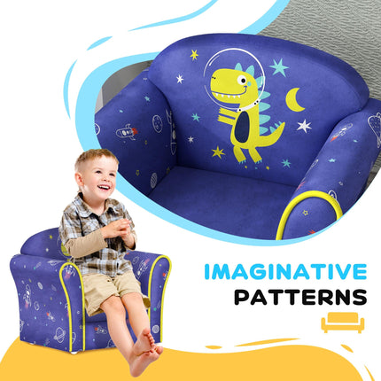 Kids Armchair with Wooden Frame and Planet Dinosaur Design - Blue