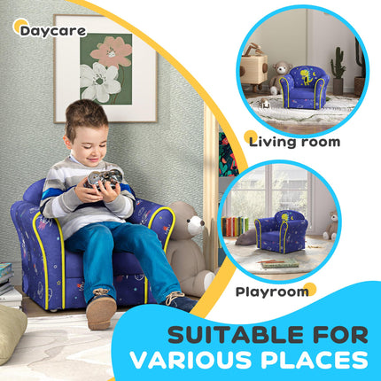 Kids Armchair with Wooden Frame and Planet Dinosaur Design - Blue