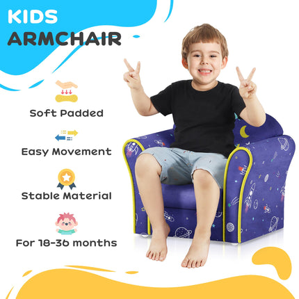Kids Armchair with Wooden Frame and Planet Dinosaur Design - Blue