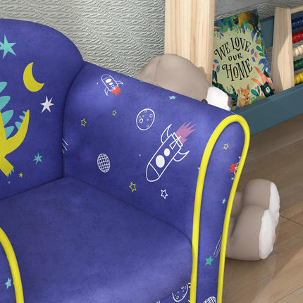 Kids Armchair with Wooden Frame and Planet Dinosaur Design - Blue
