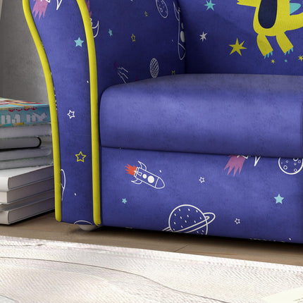 Kids Armchair with Wooden Frame and Planet Dinosaur Design - Blue