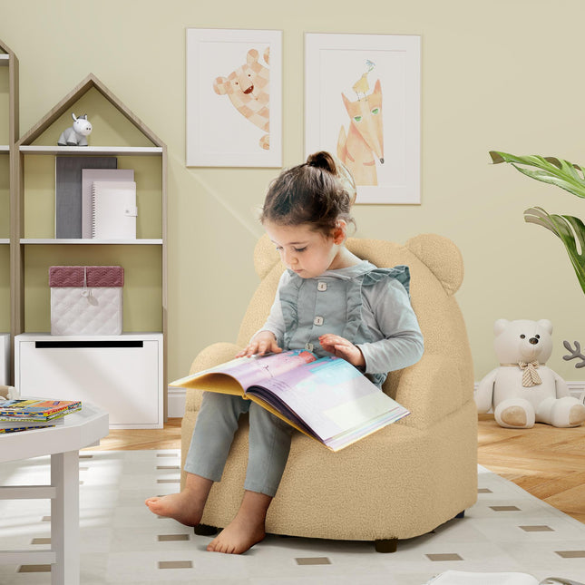 Kids Bear Shaped Armchair with Teddy Fleece Cover for Toddlers - Khaki