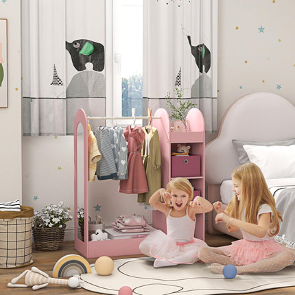 Kids Clothes Rail with Storage Shelf, Boxes & Mirror for Bedroom Nursery - Pink