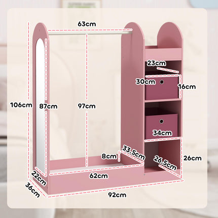 Kids Clothes Rail with Storage Shelf, Boxes & Mirror for Bedroom Nursery - Pink