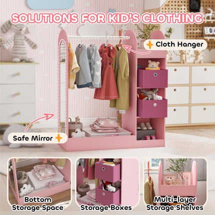 Kids Clothes Rail with Storage Shelf, Boxes & Mirror for Bedroom Nursery - Pink