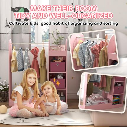 Kids Clothes Rail with Storage Shelf, Boxes & Mirror for Bedroom Nursery - Pink