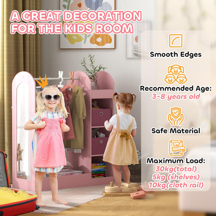 Kids Clothes Rail with Storage Shelf, Boxes & Mirror for Bedroom Nursery - Pink