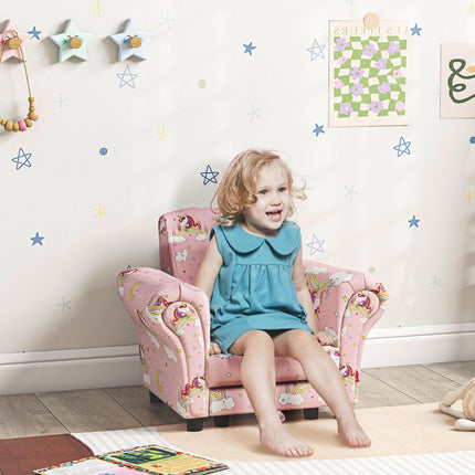 2 Piece Kids Sofa Set with Unicorn Design and Wooden Frame - Pink