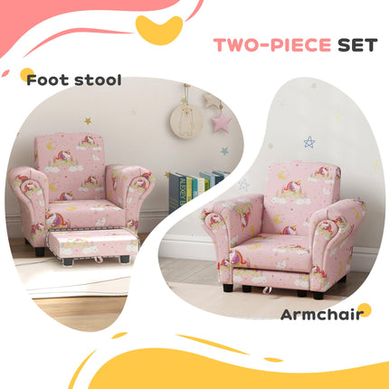 2 Piece Kids Sofa Set with Unicorn Design and Wooden Frame - Pink